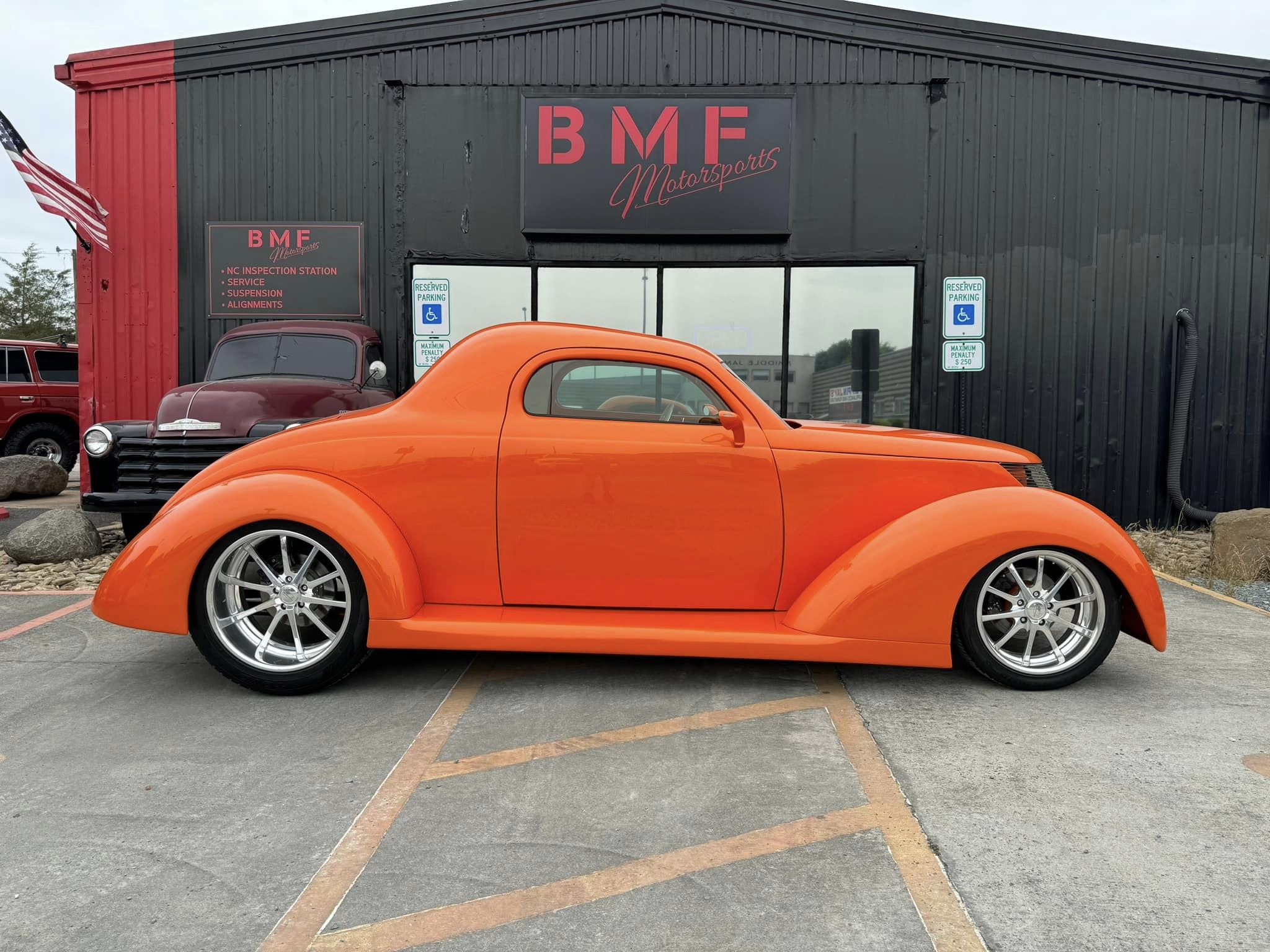 1937 Ford Custom street rod at BMF Motorsports in Pineville, NC, where BluePrint crate engines are sold and installed